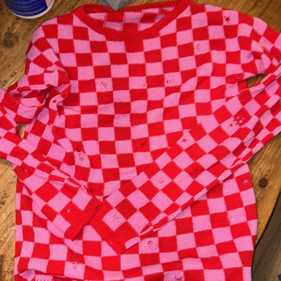 RARE MARC JACOBS sz M cashmere/wool pink & red checked crewneck sweater distress - Picture 3 of 7